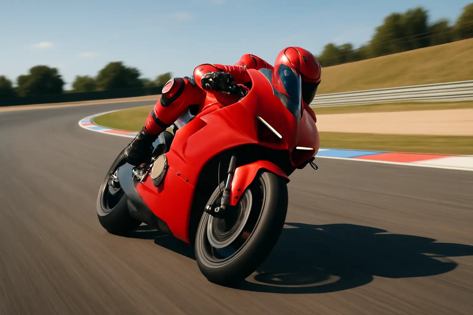 MotoGP rider on a Ducati factory bike leaning through a corner at speed