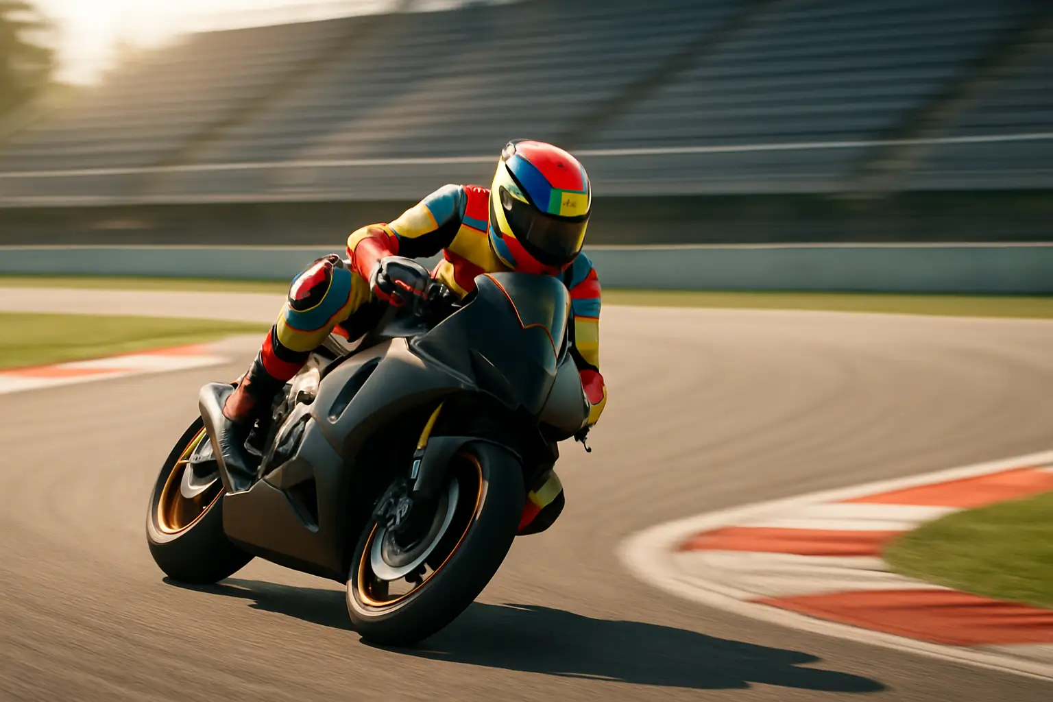 MotoGP rider in full racing leathers on a modern prototype bike at a grand prix circuit