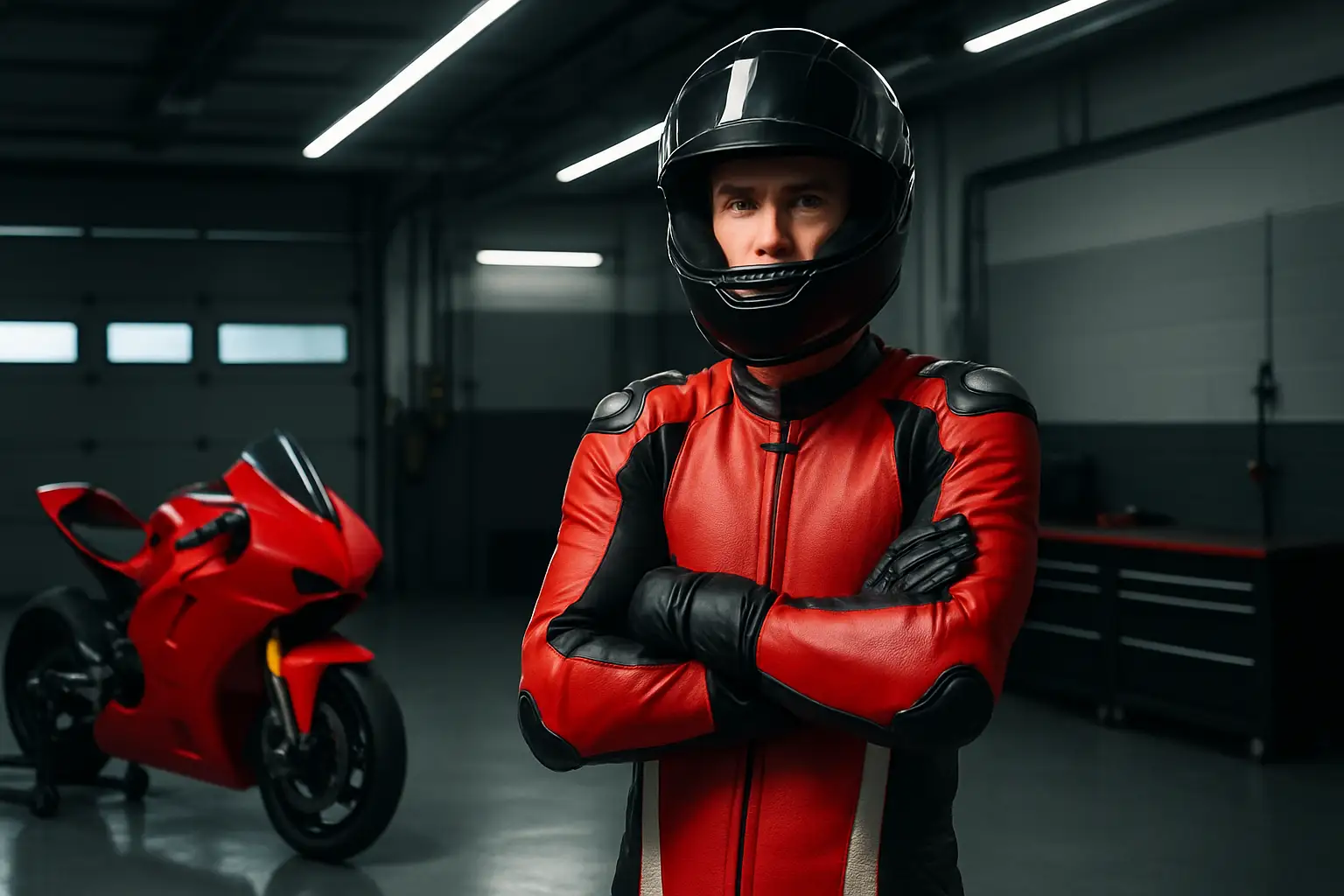 MotoGP rider in racing leathers standing in a pit garage with a Ducati motorcycle in the background