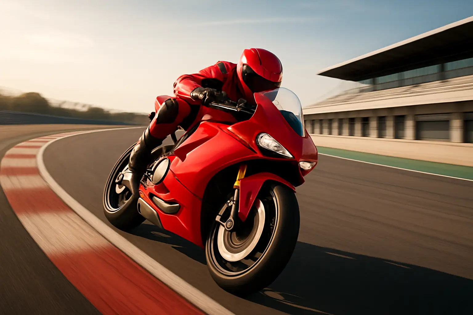 MotoGP rider on a racing bike leaning through a fast corner at a circuit