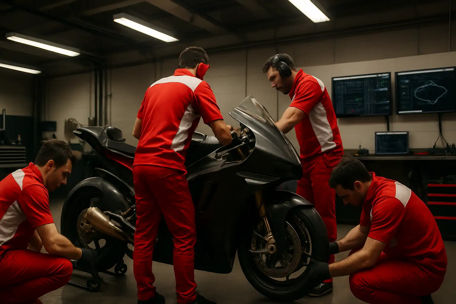 A MotoGP factory garage with a racing motorcycle being prepared by mechanics under bright pit lane lights