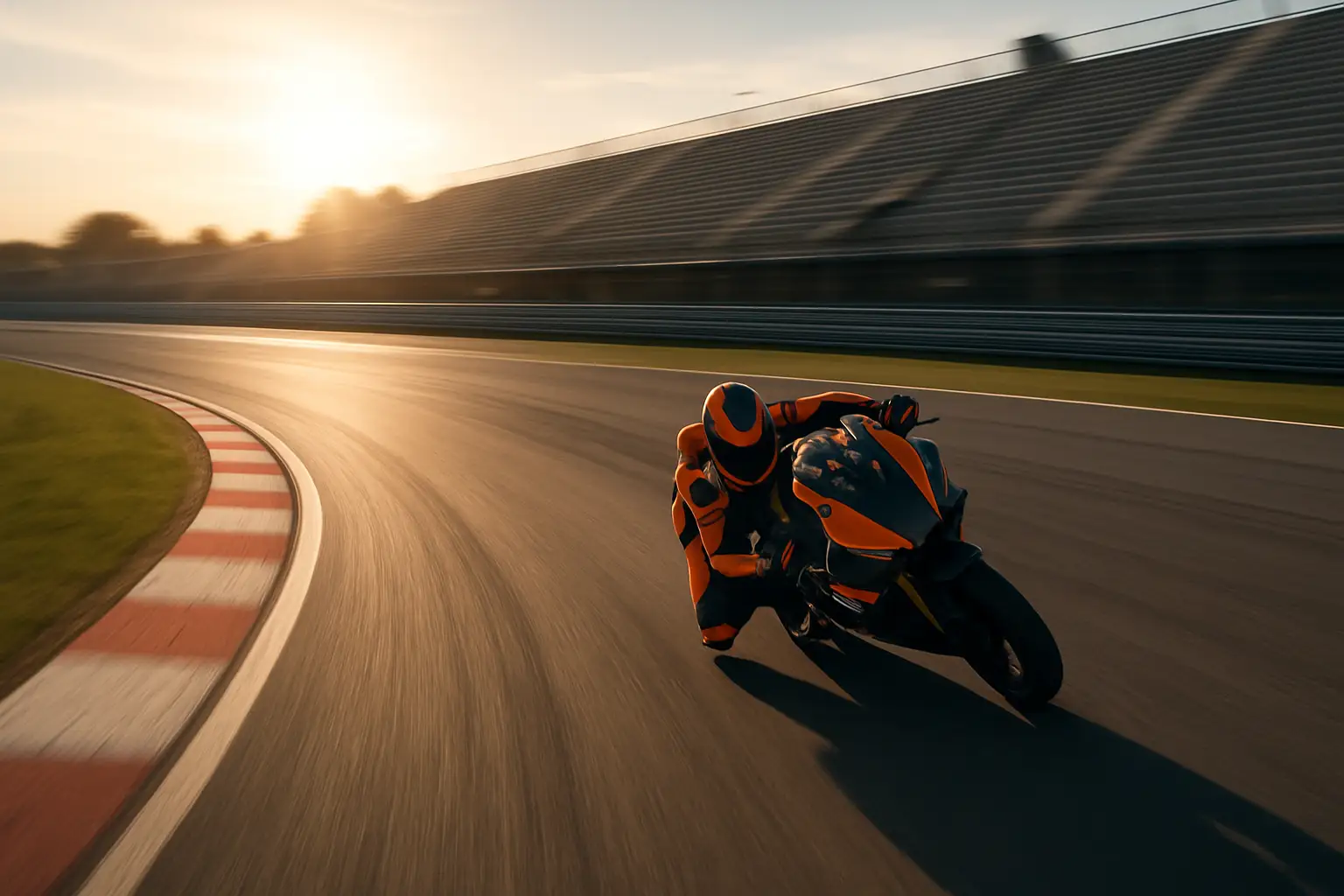 A MotoGP motorcycle leaning through a fast sweeping corner on a sunlit circuit