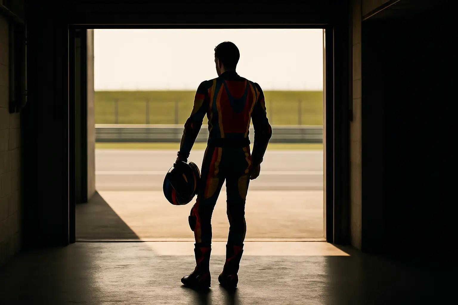 A motorcycle racer in full leathers standing in a paddock garage, helmet under arm, looking reflective