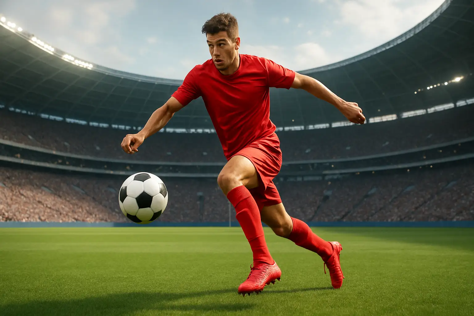A soccer midfielder in red kit controlling the ball in a stadium during a Bundesliga match