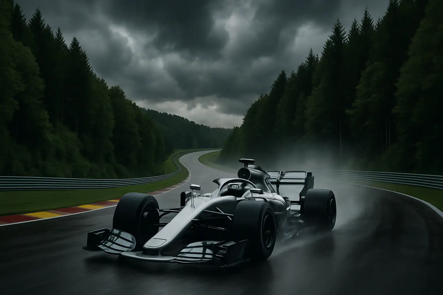 A Formula 1 car racing through the high-speed Spa-Francorchamps circuit in wet conditions