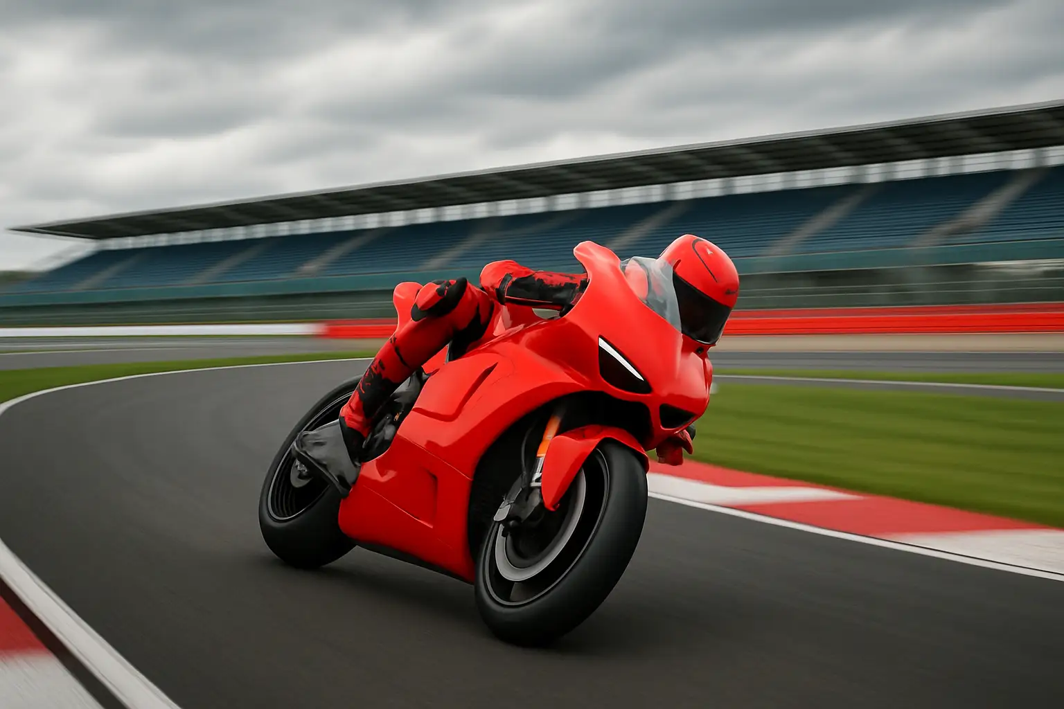 MotoGP motorcycle leaning through a fast corner at Silverstone circuit
