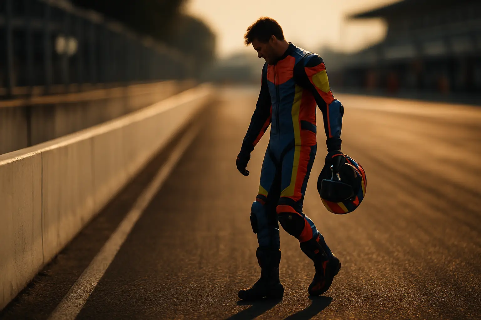 A MotoGP rider in full leathers walking away from a circuit after a crash, helmet in hand
