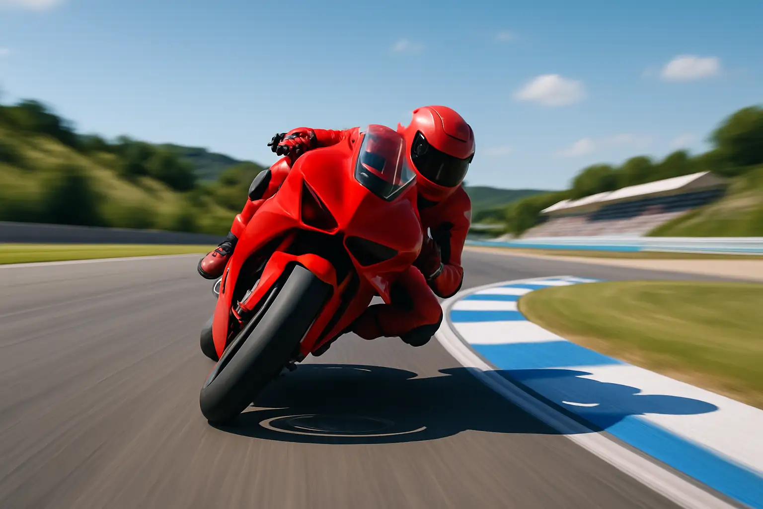 MotoGP rider on a Ducati racing machine leaning through a corner at high speed on a European circuit