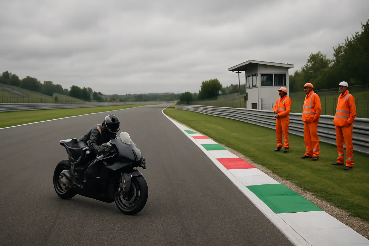 A MotoGP motorcycle slowing near a marshal post at a circuit corner