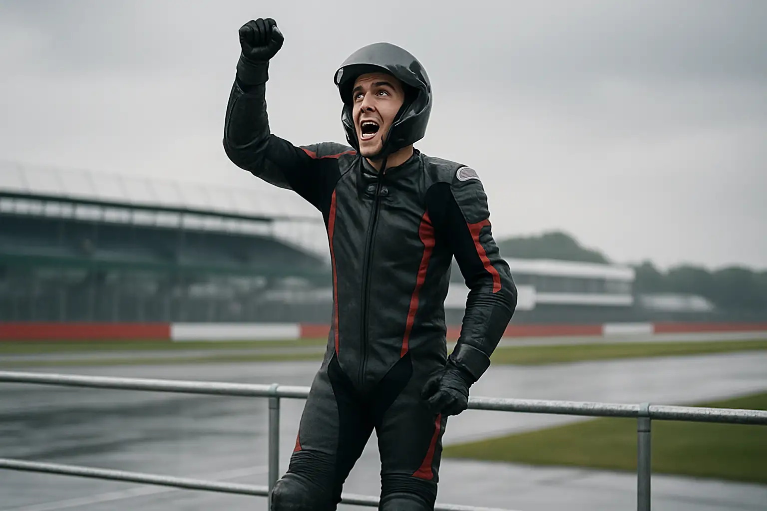 MotoGP rider celebrating an unexpected podium finish at a British circuit
