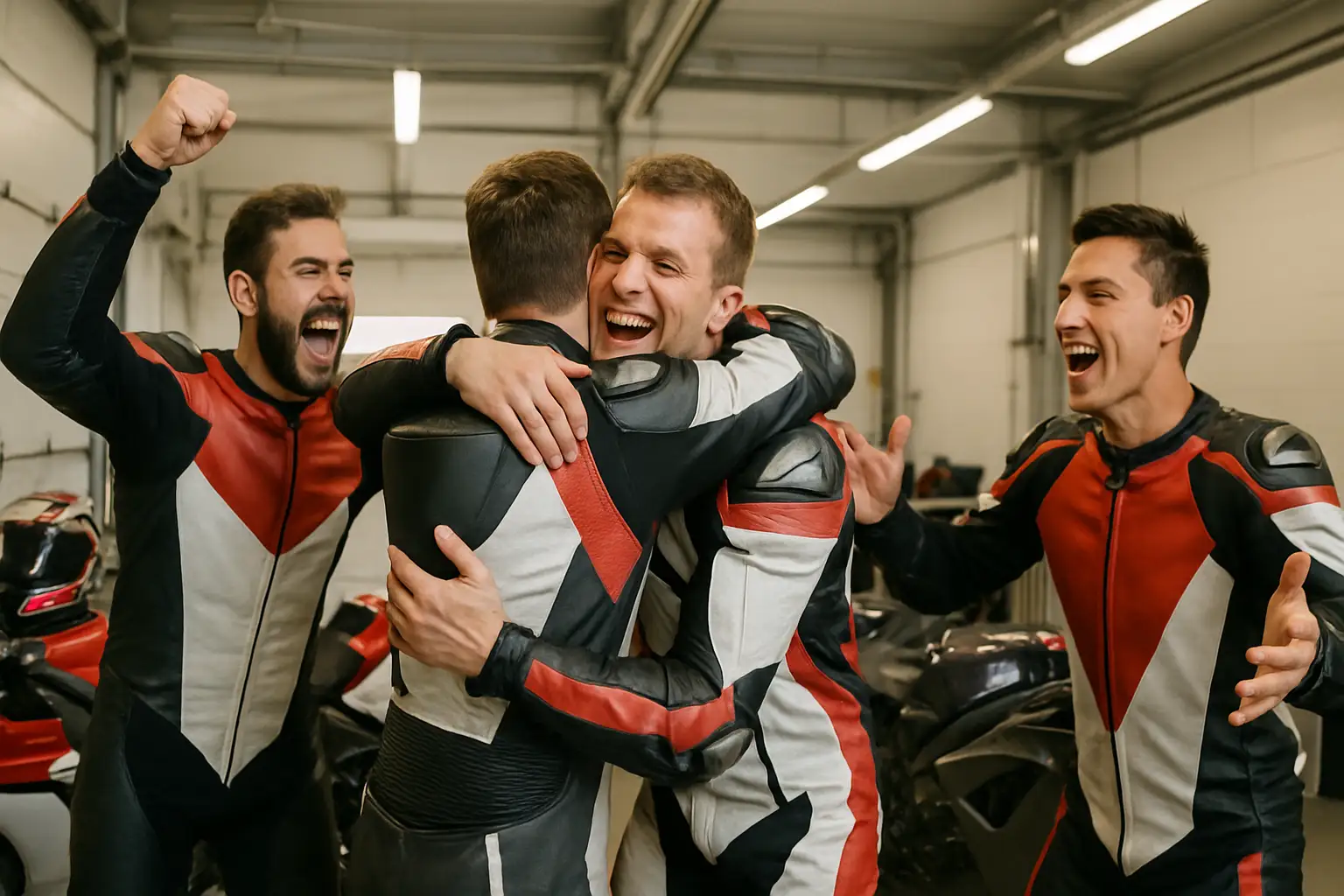 MotoGP rider celebrating with team members in a paddock garage after a race