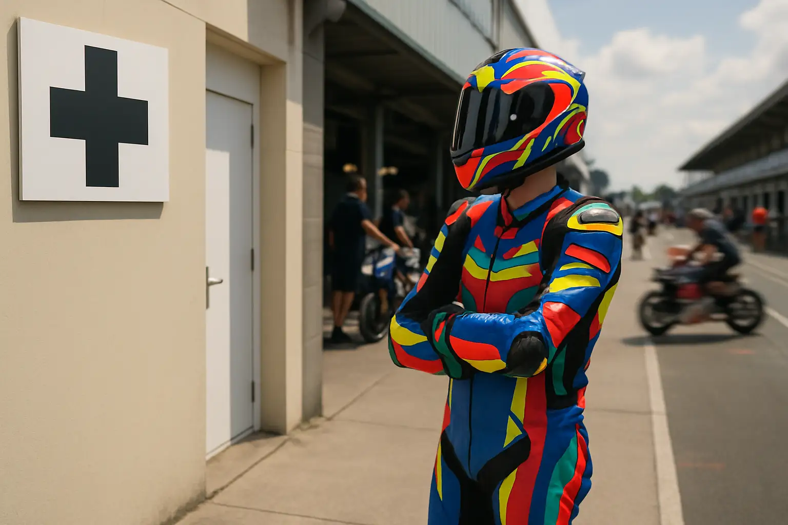 A MotoGP rider in full racing leathers standing in the paddock after a medical assessment