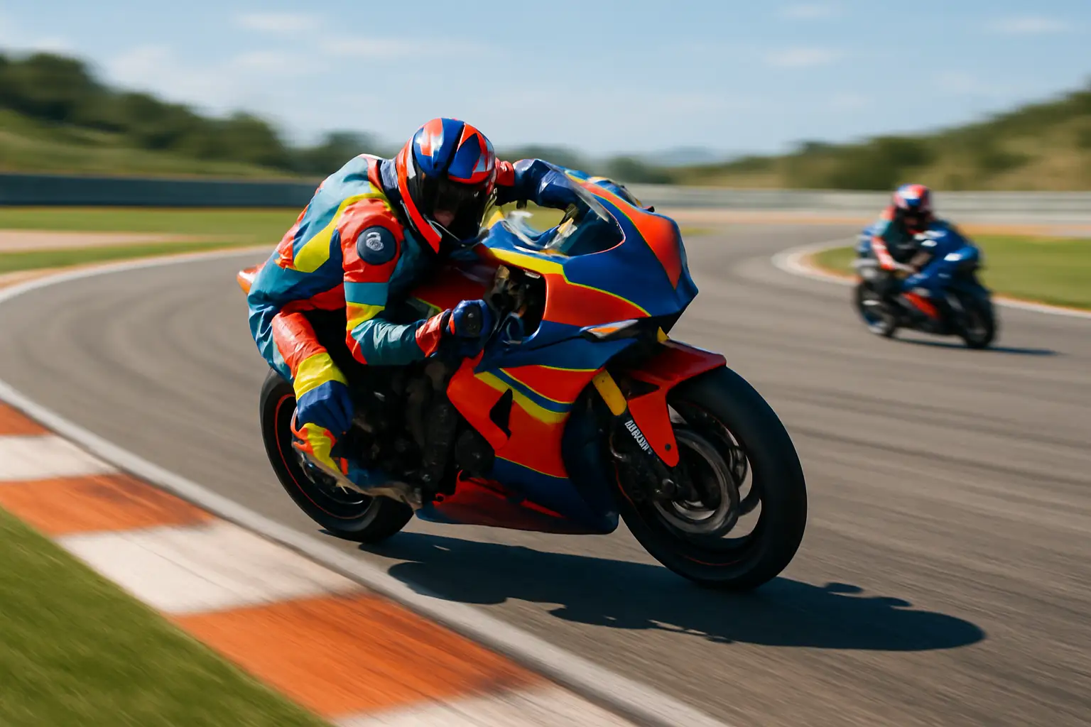 MotoGP rider in full leathers cornering aggressively on a race circuit