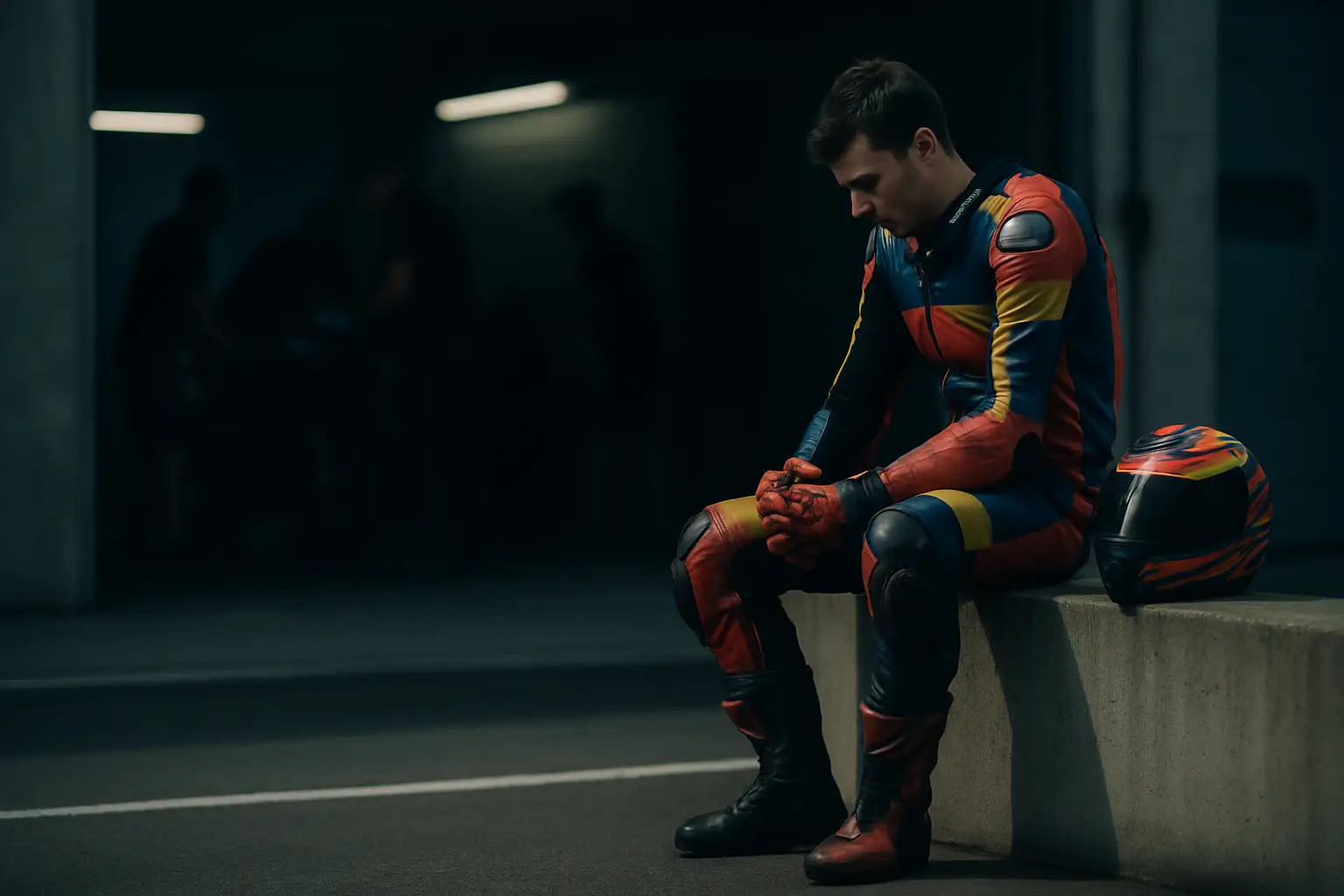 A MotoGP rider in full racing leathers sitting in a garage, head down in reflection while mechanics work in the background