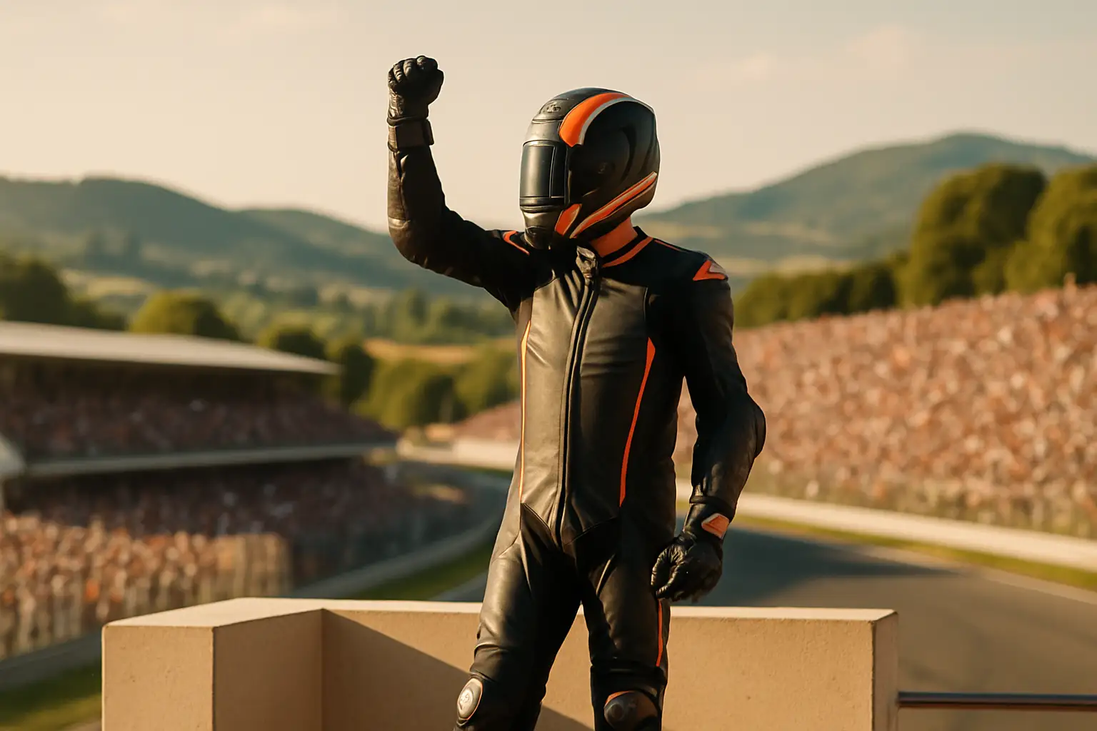 MotoGP rider celebrating a race victory on a sun-soaked Italian circuit with a large crowd in the background