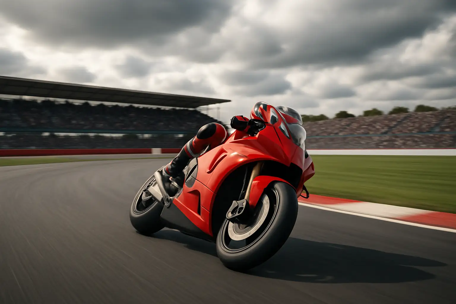 MotoGP rider leaning through a high-speed corner at a British circuit with grandstands in the background