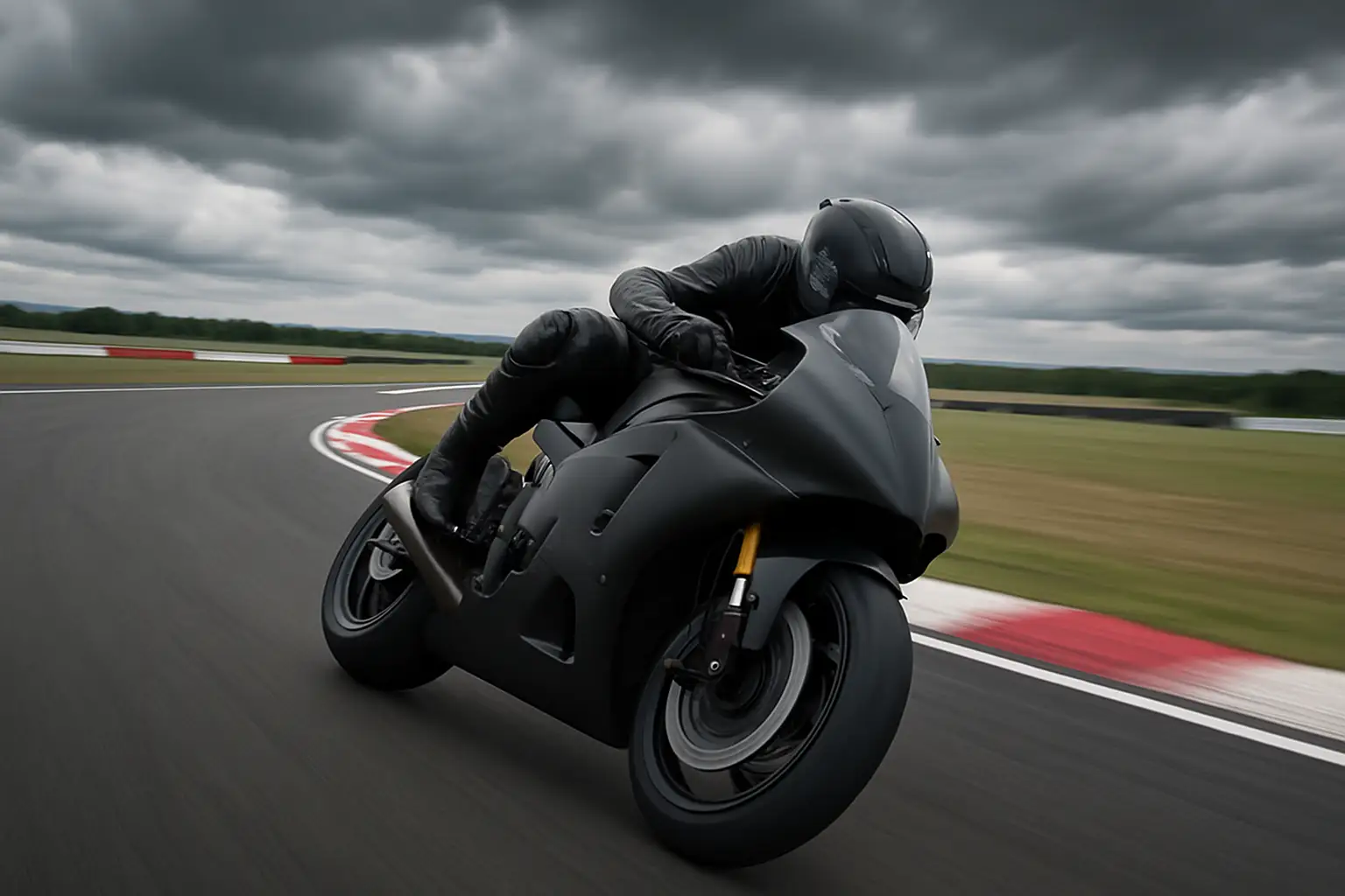 MotoGP rider leaning into a high-speed corner at a British circuit under overcast skies