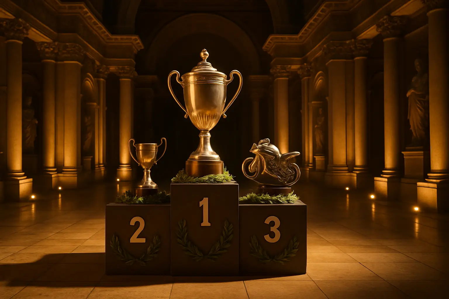 MotoGP trophies and Italian flags displayed at a formal sporting ceremony