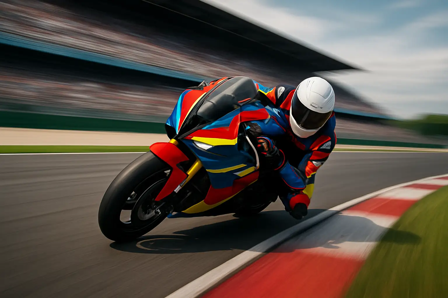 A superbike racing on track with a blurred crowd in the background