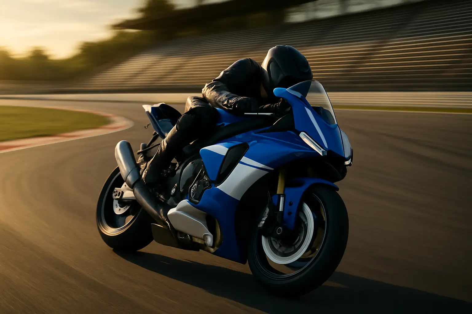 A BMW Superbike racing on track with a packed grandstand in the background