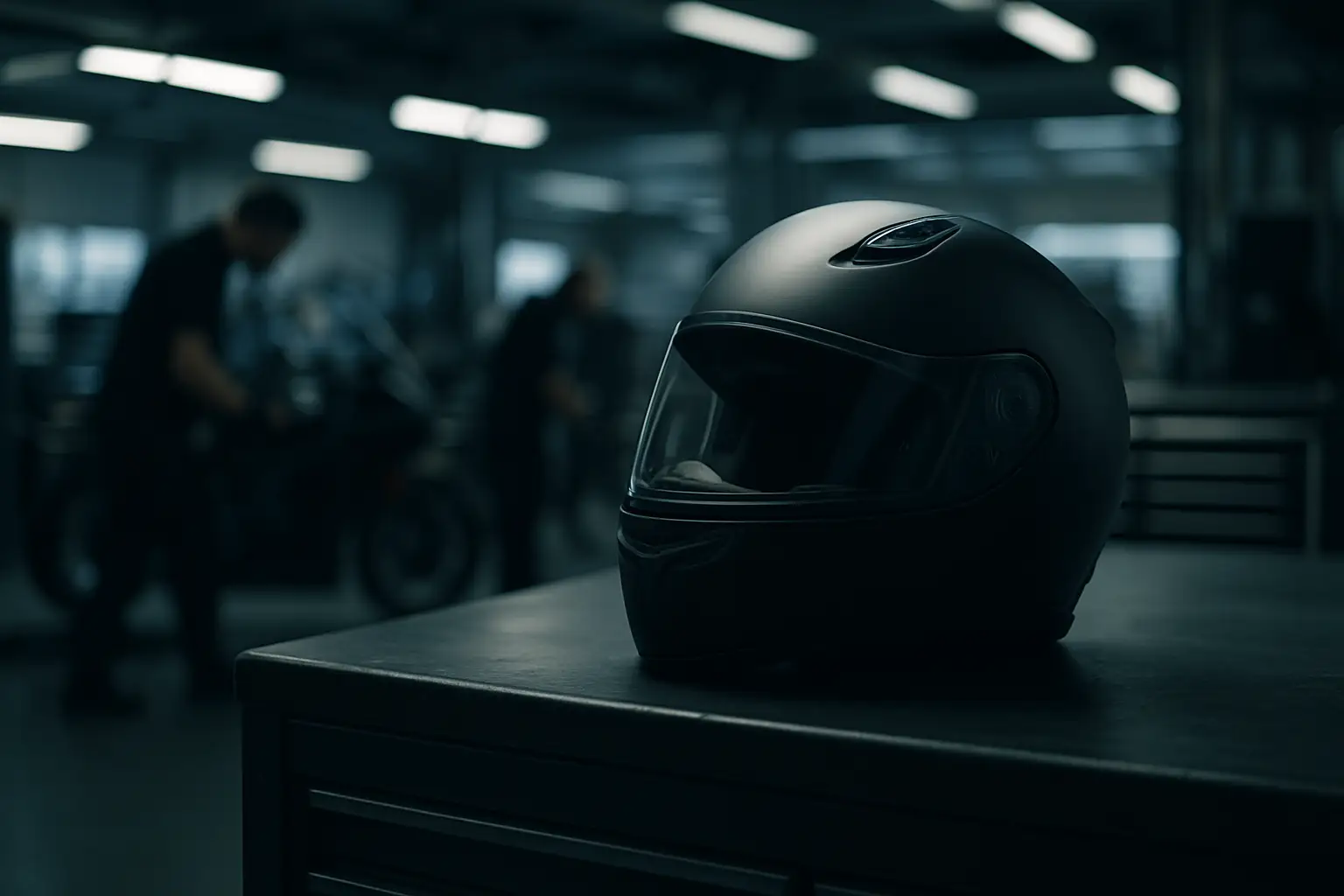 A MotoGP factory pit garage with an empty rider helmet resting on a workbench, team mechanics working in the background