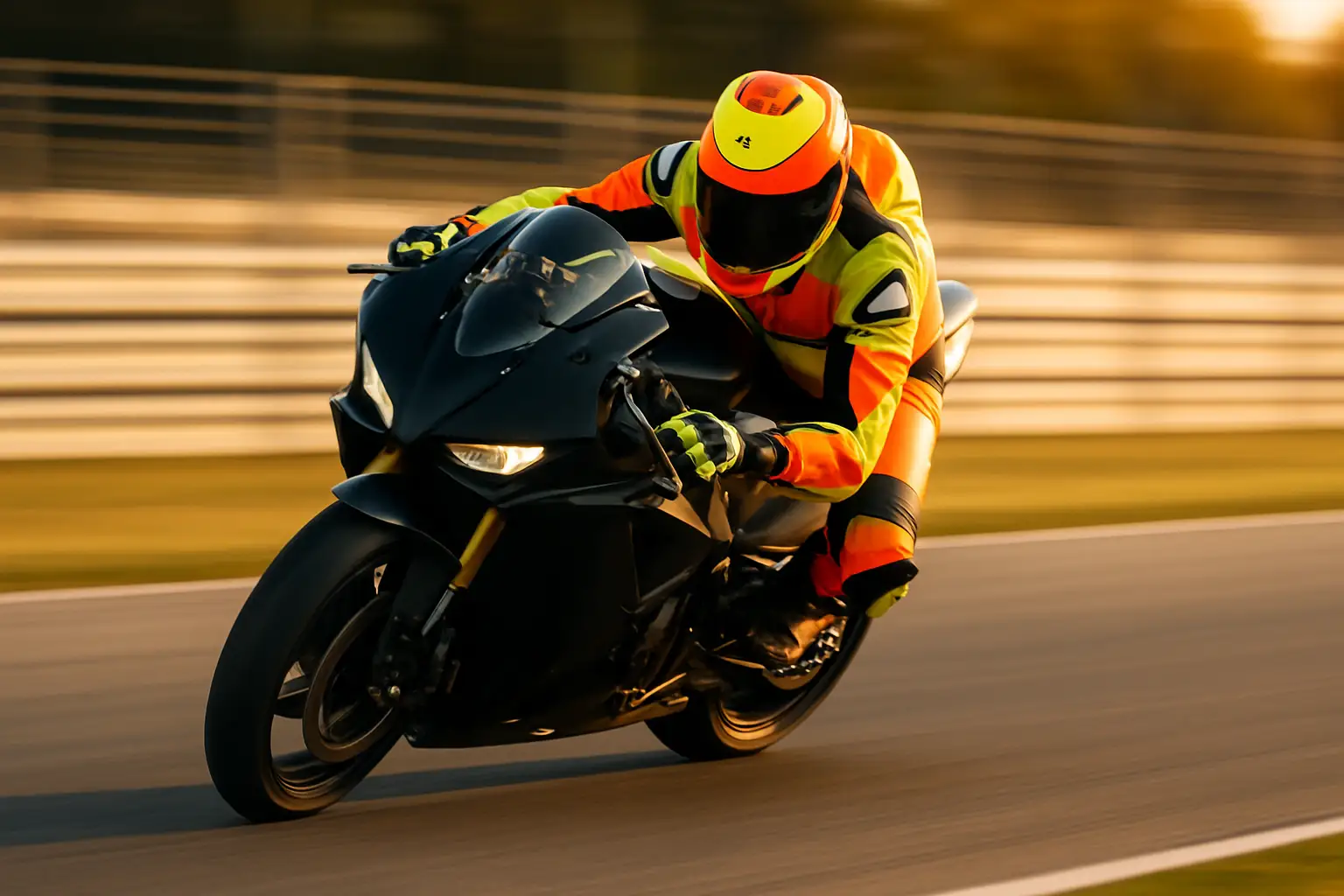 A motorcycle racer in full leathers and helmet accelerating out of a corner on a superbike