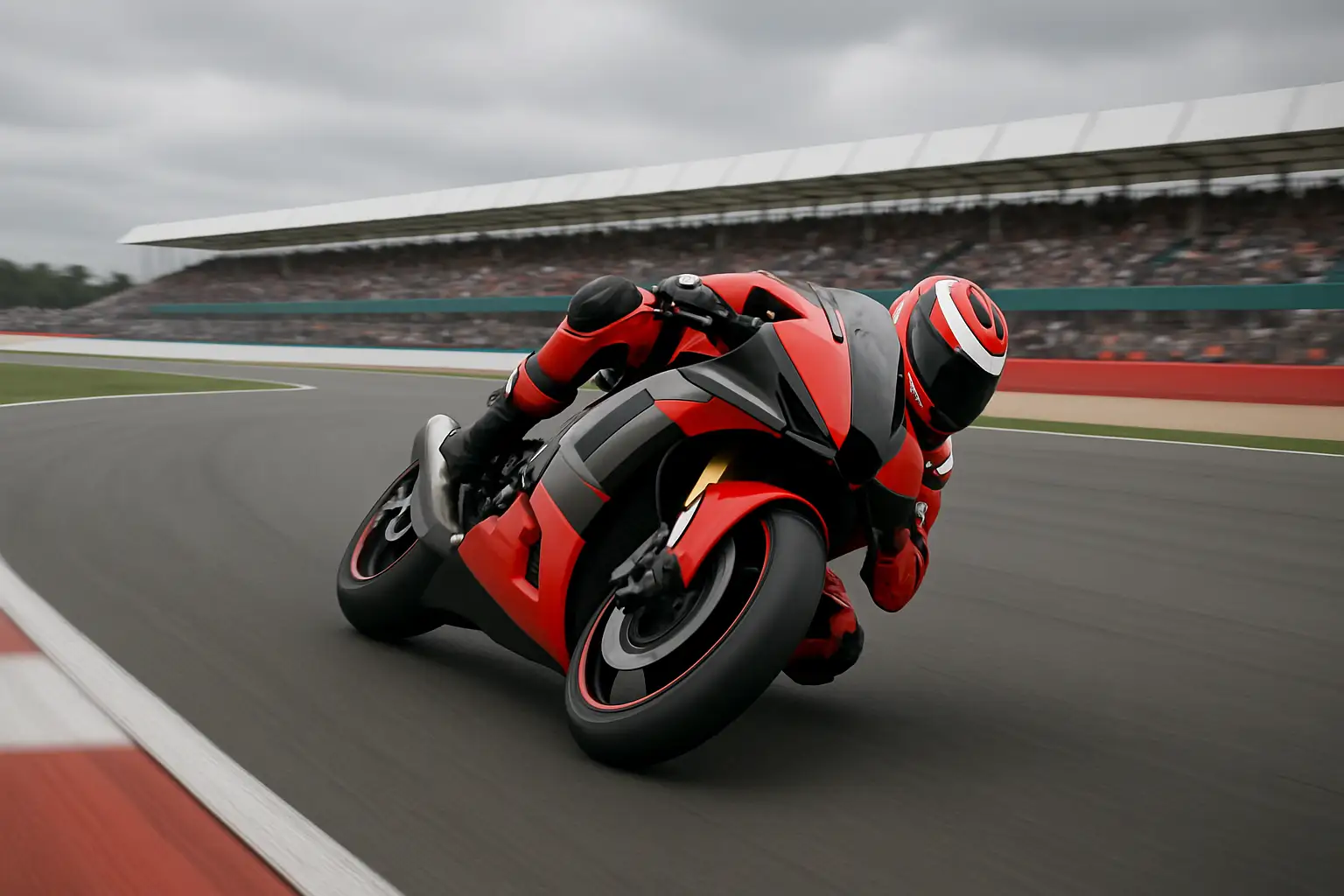 MotoGP rider leaning through a high-speed corner at a circuit with grandstands in the background