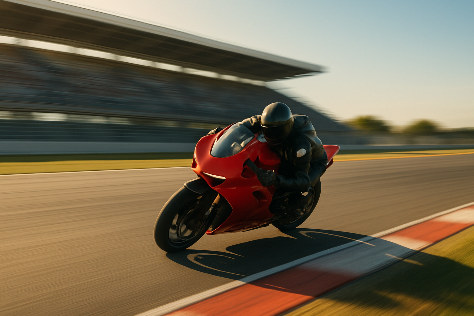 A motorcycle racer leaning through a high-speed corner on a superbike circuit