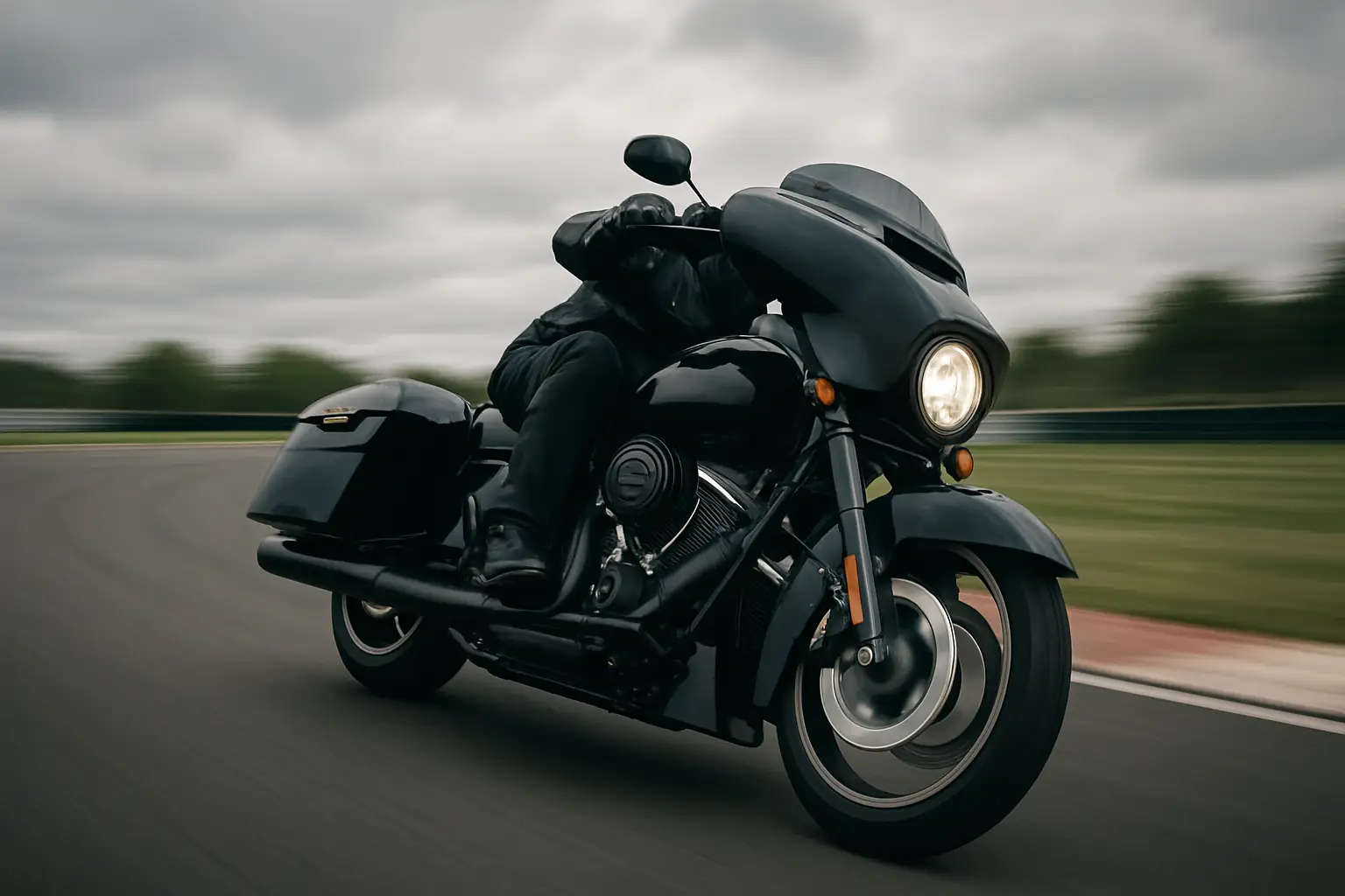 A Harley-Davidson Bagger racing machine leaning through a corner on a circuit