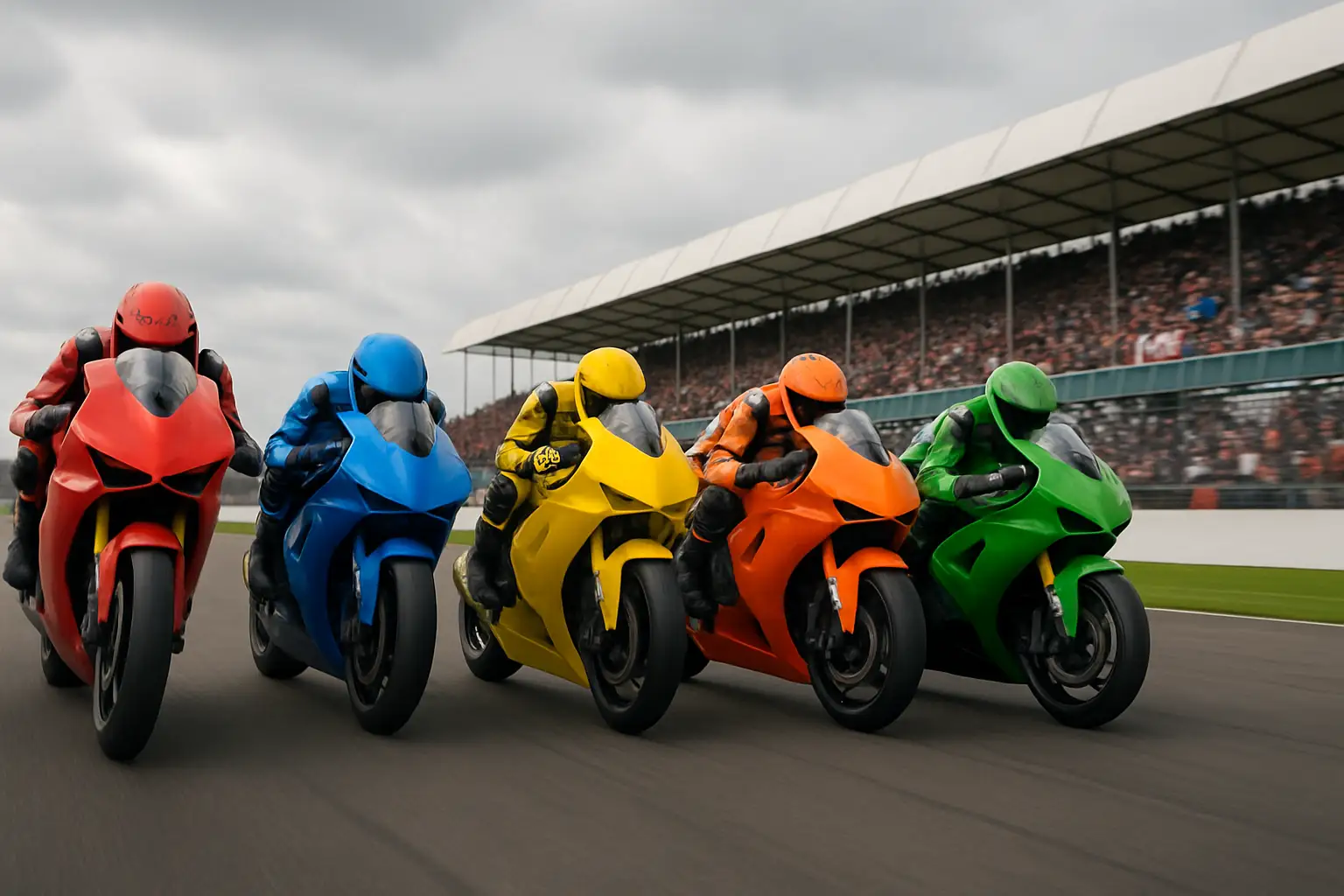 Five MotoGP motorcycles racing side by side on a wide circuit straight under cloudy British skies