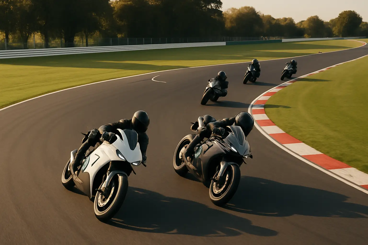 MotoGP bikes racing through a high-speed corner at a classic British circuit