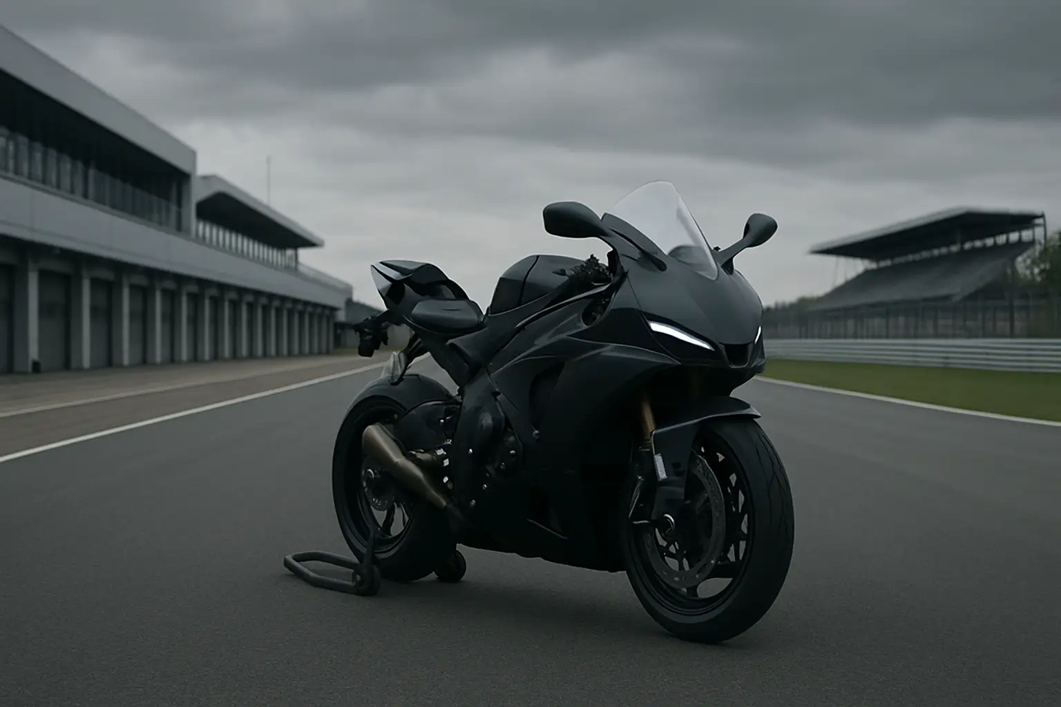 MotoGP motorcycle on track at a test circuit with empty grandstands in the background