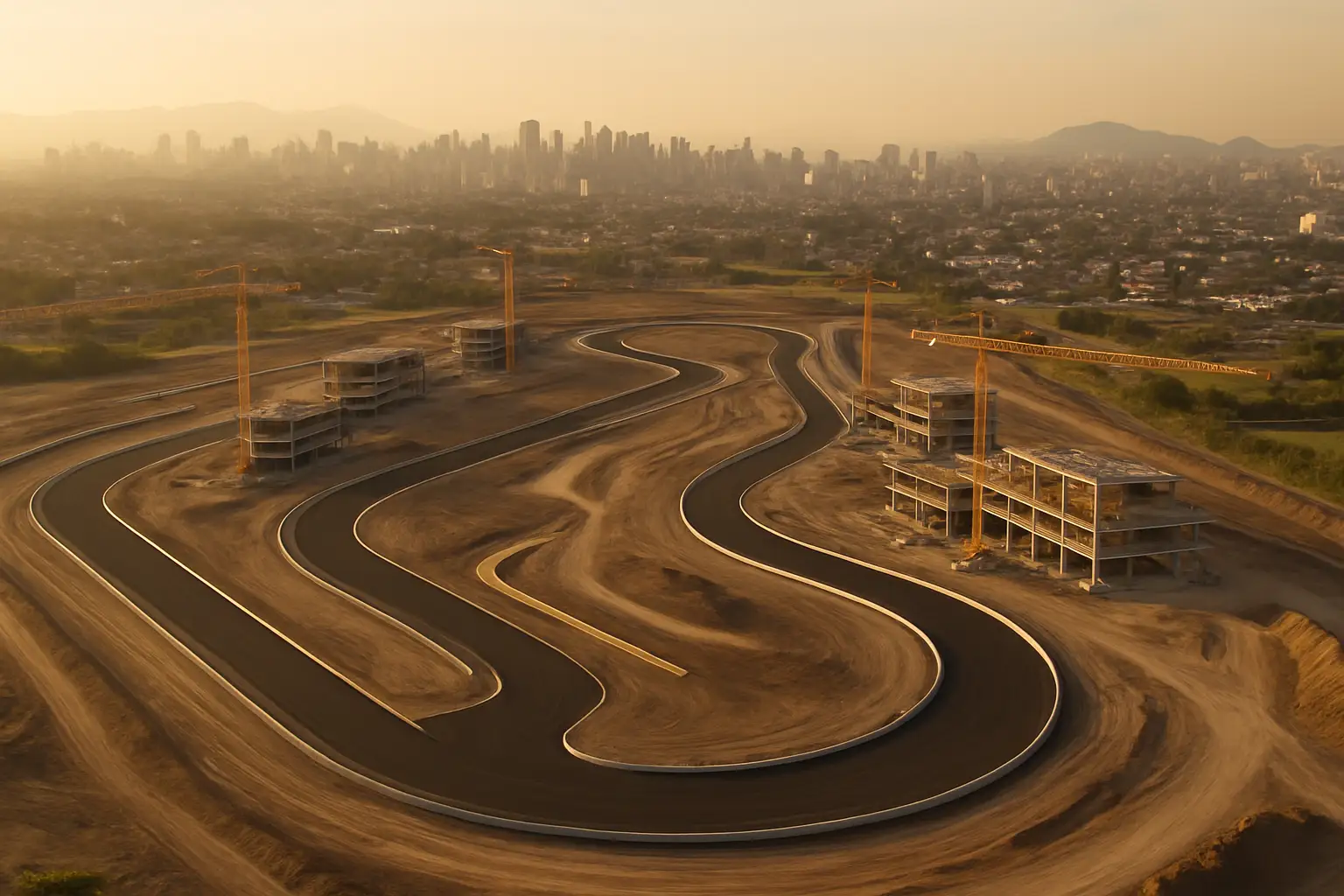 Aerial view of a MotoGP circuit under construction near a major city skyline