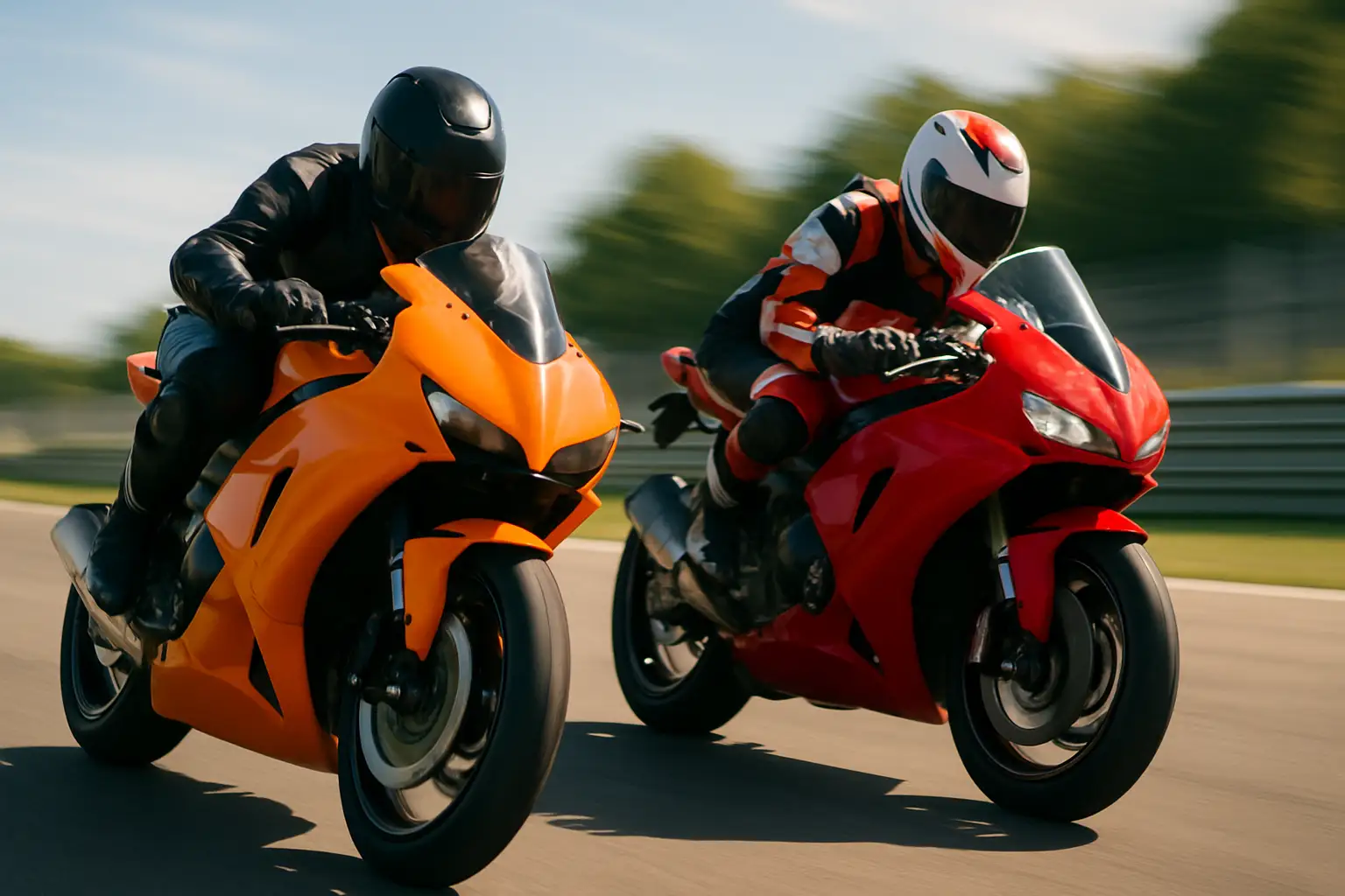 Two MotoGP riders on track with their respective factory bikes during a practice session