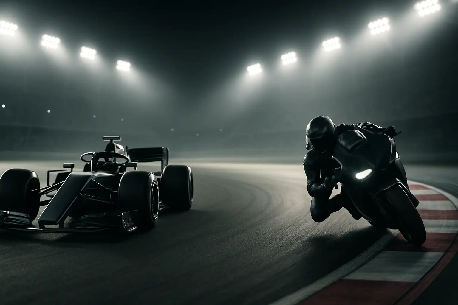 A racing car on a blurred circuit track under dramatic floodlights with a motorcycle in the background