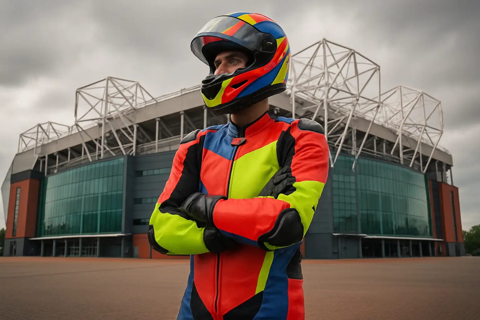 A motorcycle racer in full racing leathers standing near a football stadium entrance