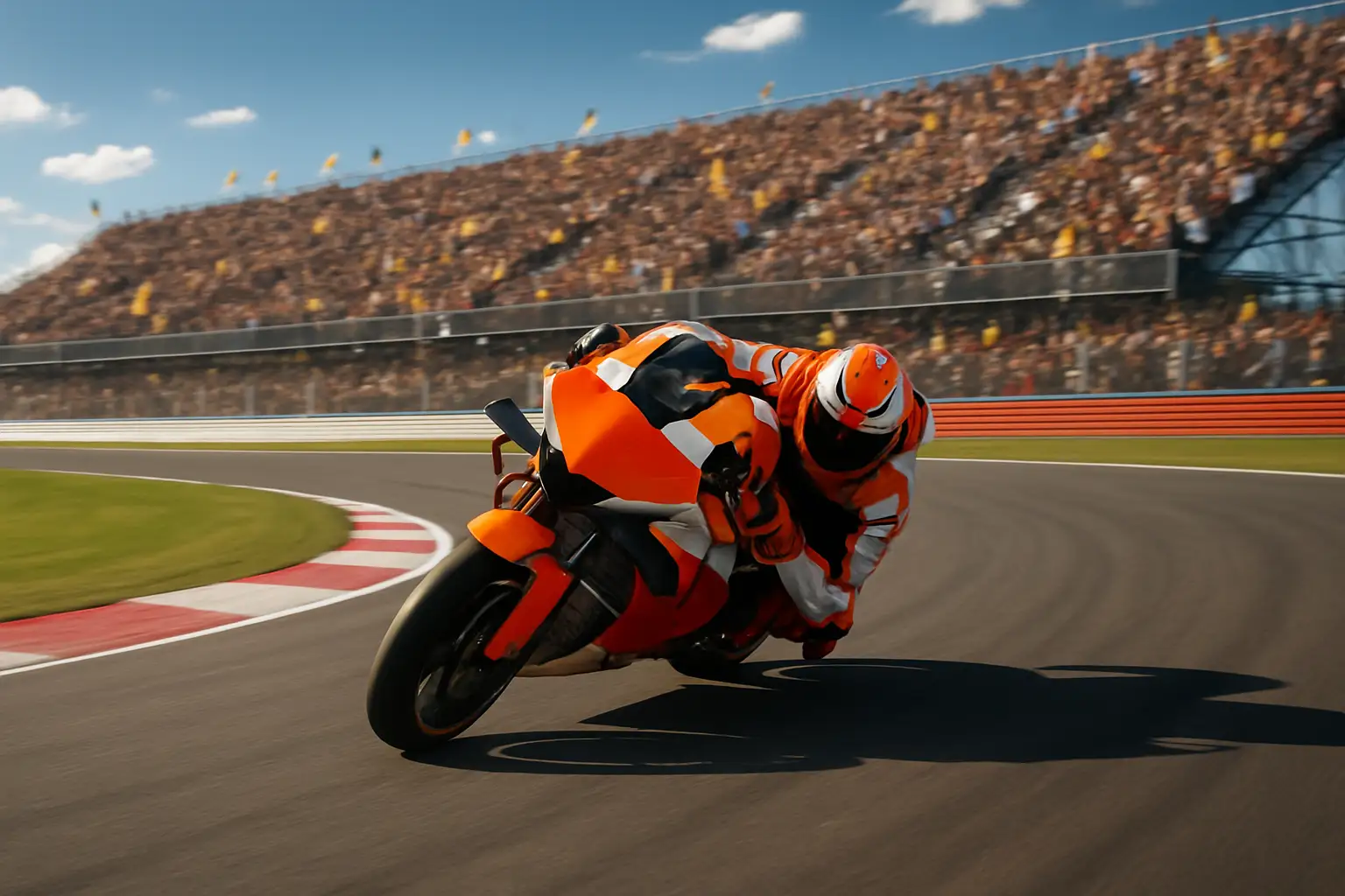 A MotoGP rider on a red and white motorcycle accelerating through a fast sweeping corner at a British circuit