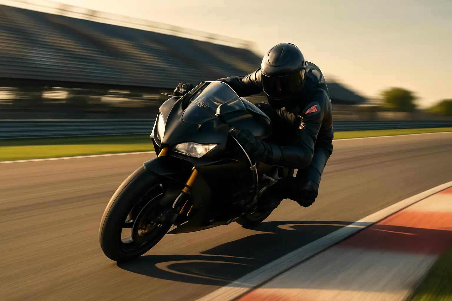 A MotoGP rider leaning into a corner at high speed on a racing circuit