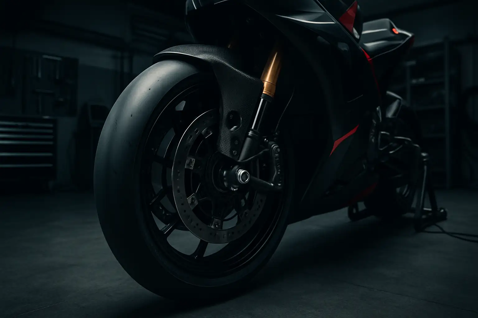 Close-up of a MotoGP motorcycle wheel in a pit lane garage during a race weekend