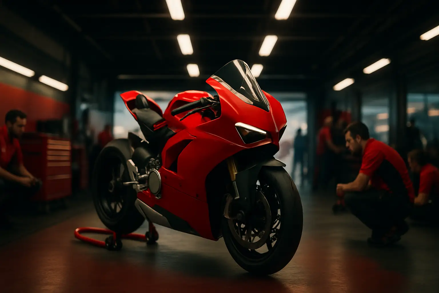 MotoGP Ducati pit garage with racing motorcycle on display under bright team lighting