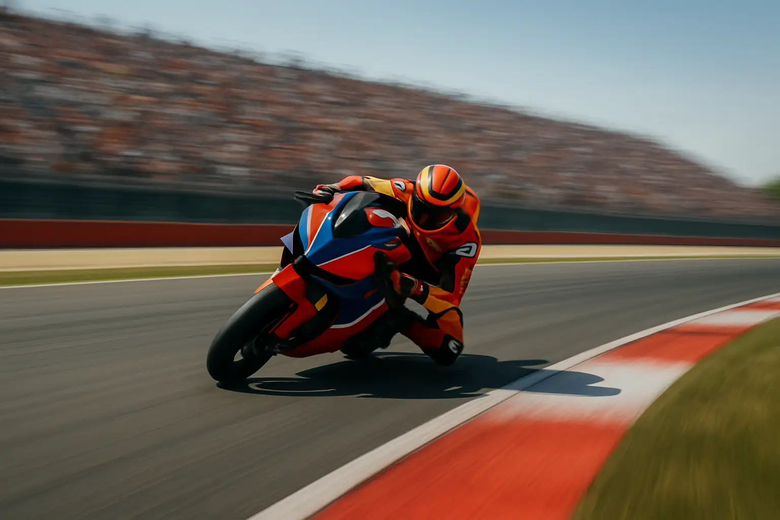 MotoGP motorcycle racing on a circuit with grandstands full of fans
