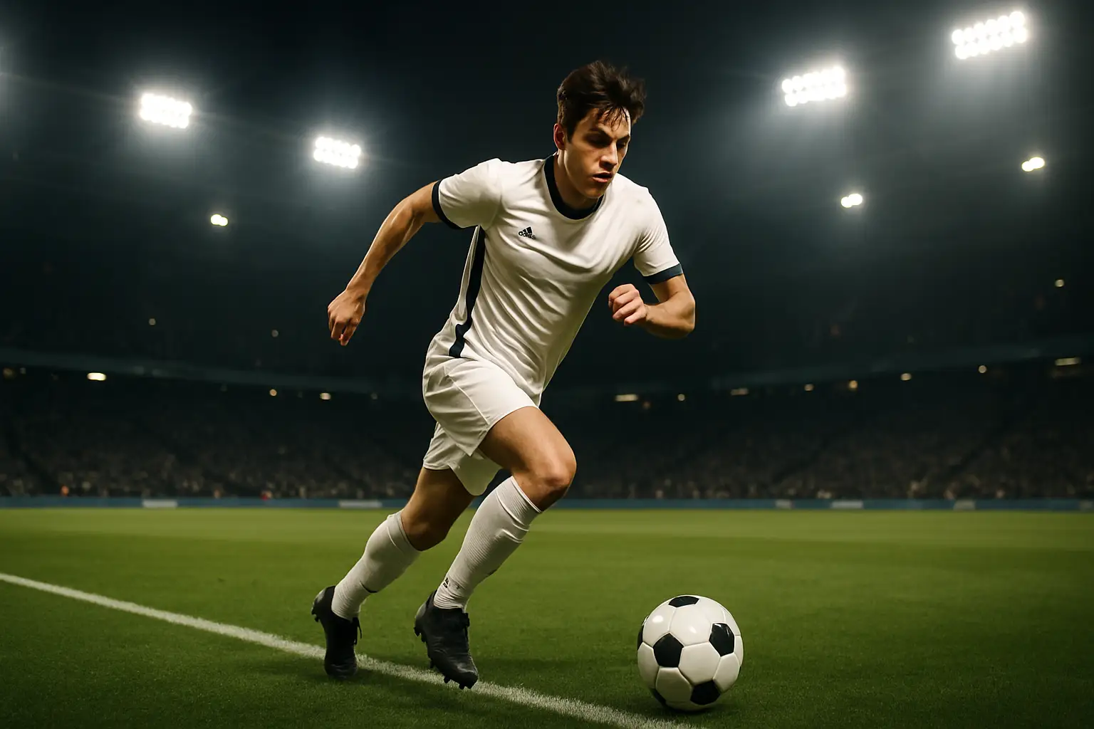 A football winger in action cutting inside from the flank during a European club match