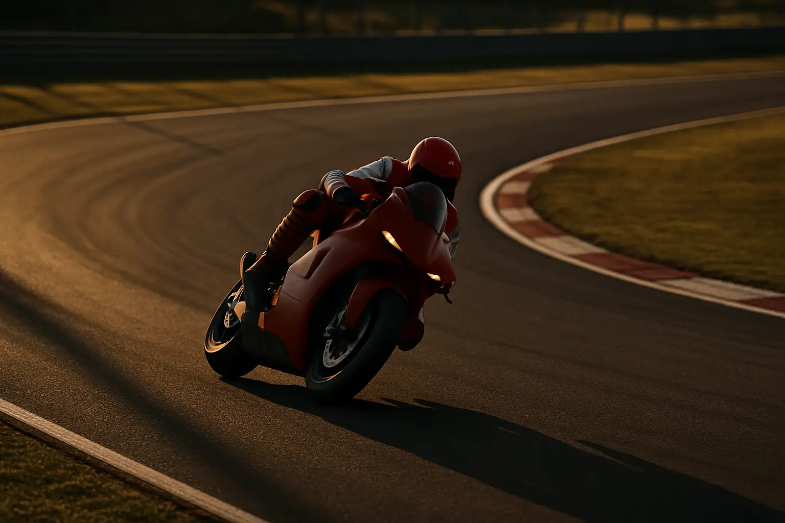 A MotoGP rider on a red factory prototype bike rounding a circuit corner at speed