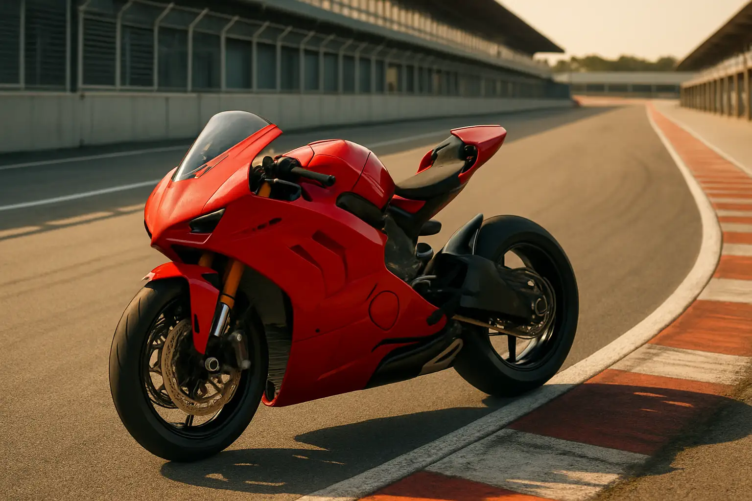 A red MotoGP racing motorcycle on a blurred circuit background under bright lights