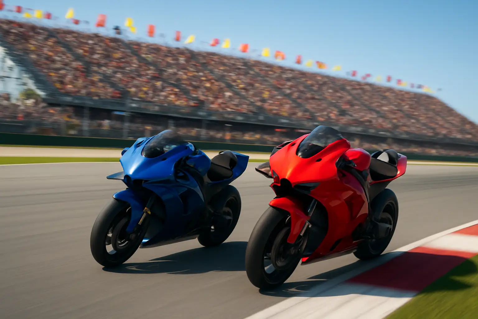 MotoGP motorcycle racing on a Grand Prix circuit with a blurred crowd in the background