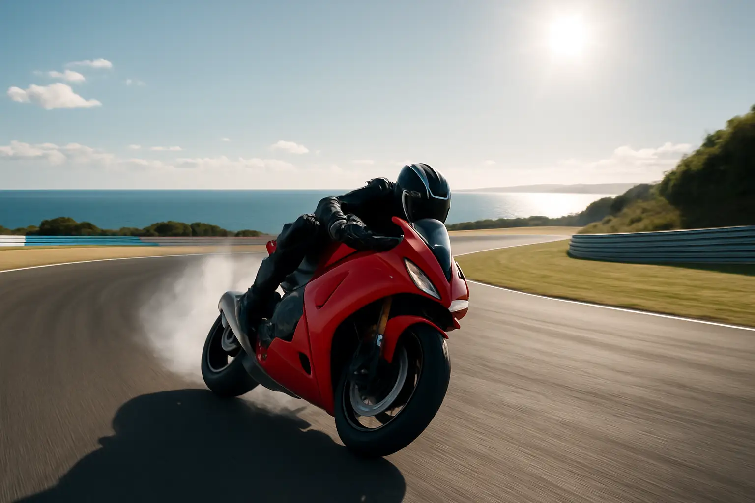 A MotoGP rider leaning hard through a fast sweeping corner at a coastal racing circuit