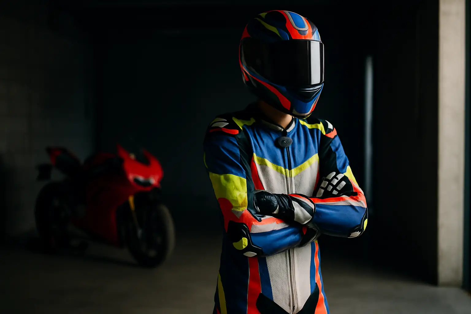 A motorcycle racer in full leathers standing in a pit garage looking contemplative