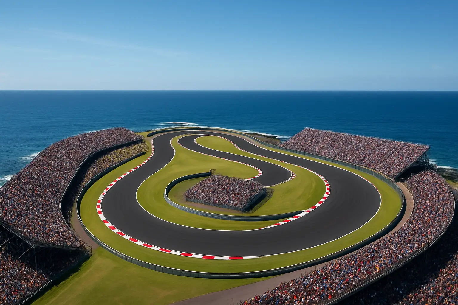 Aerial view of Phillip Island circuit with the Southern Ocean in the background on a sunny race day
