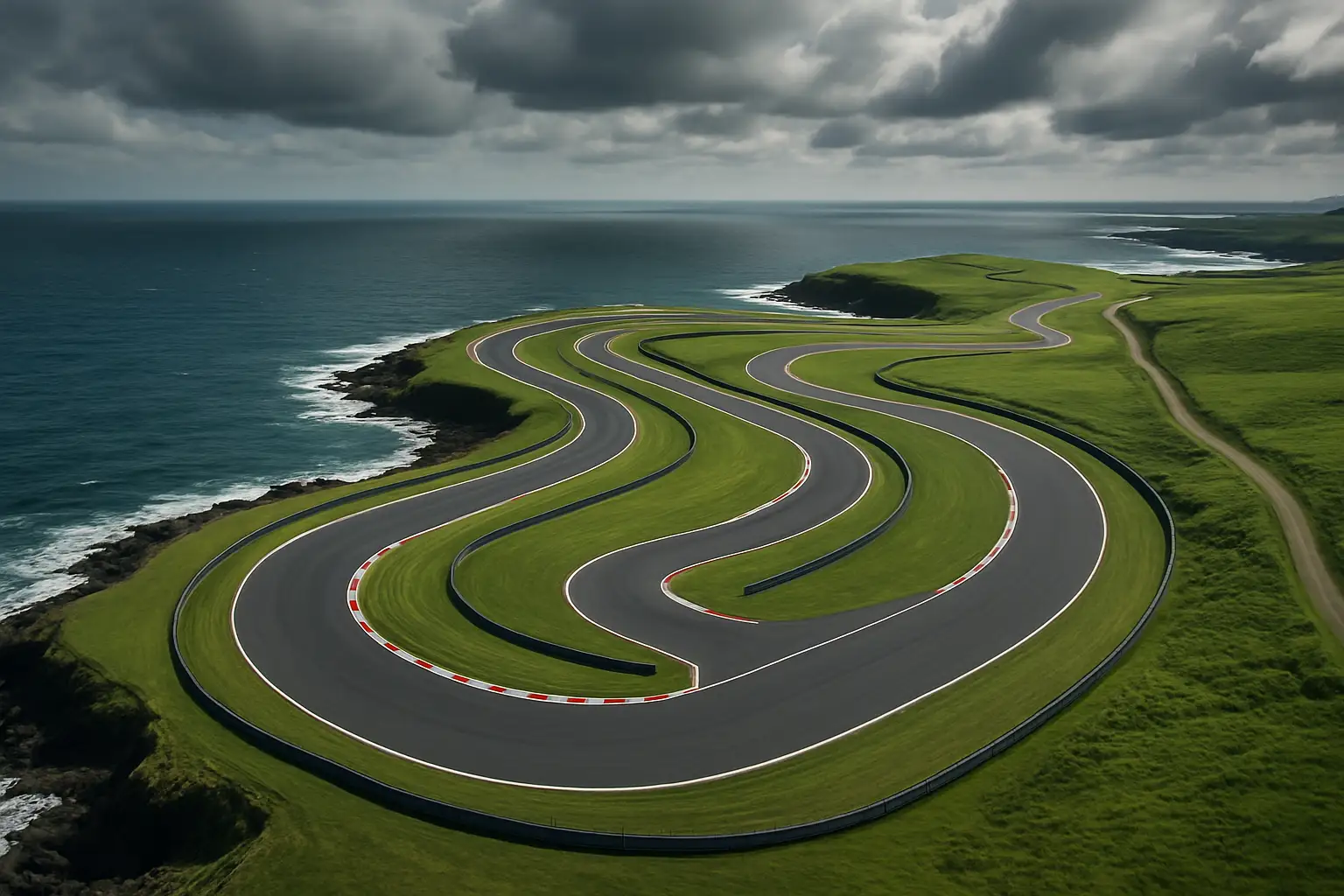 Aerial view of Phillip Island circuit surrounded by coastal landscape