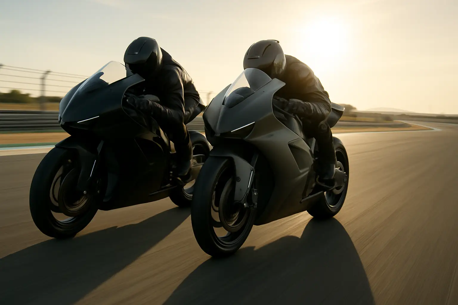 Two MotoGP racing motorcycles battling side by side on a sunlit race circuit